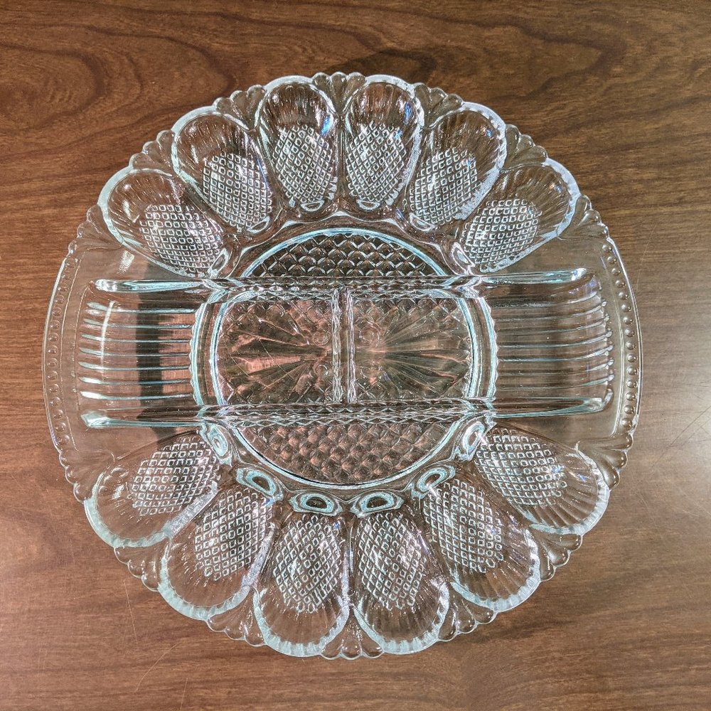 Spectacular MCM pressed glass deviled-eggs platter 1950s kitsch collectible